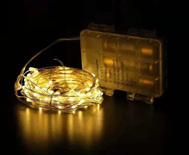 12 metre copper wire string light with battery box and 120 LED bulbs in multiple colour options
