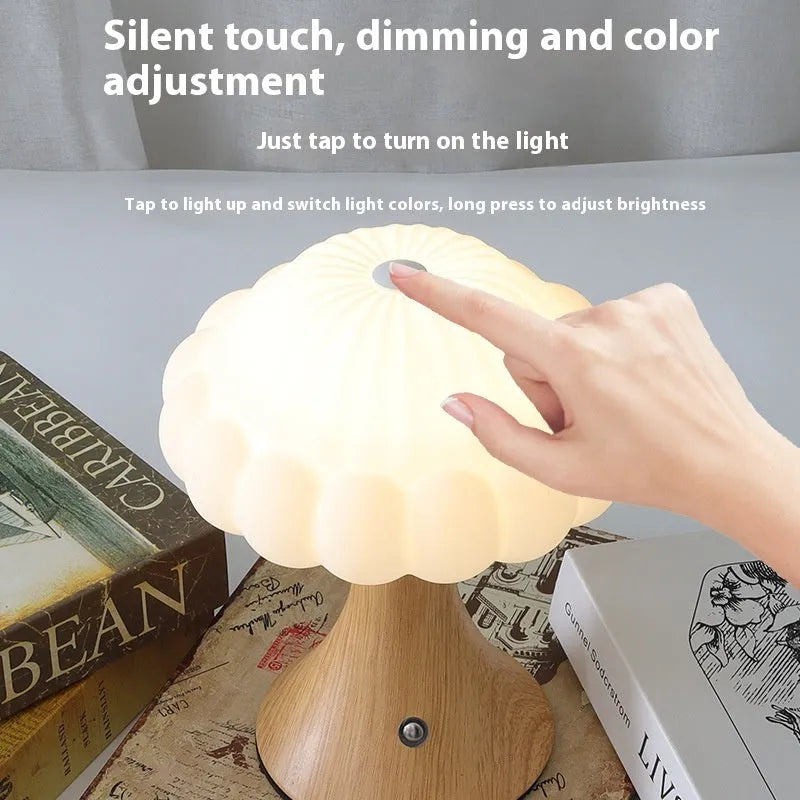 Mushroom-shaped touch lamp with USB charging in wood grain, white, cream, grey, or black for bar and cafe decoration