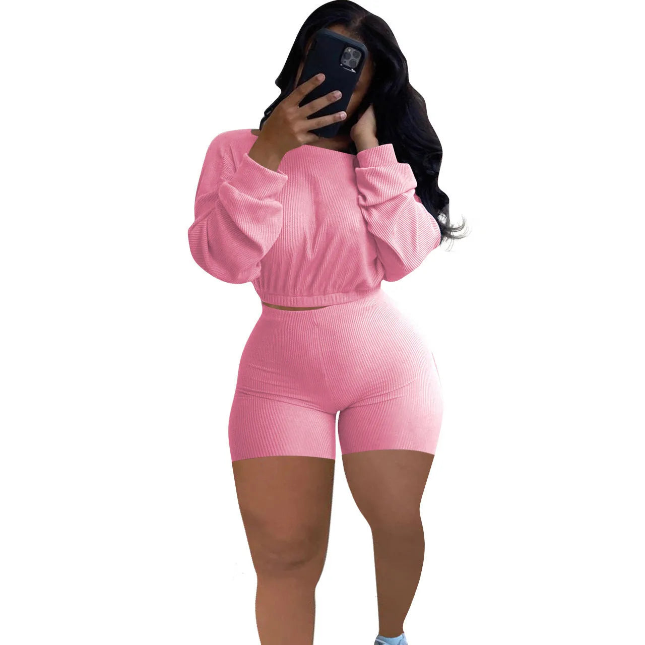Sunken stripe solid colour off-the-shoulder long sleeve top and shorts two-piece set on a hanger.