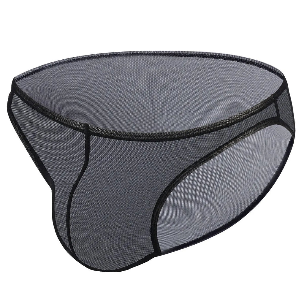 Men's black nylon triangle briefs with low waist design and quick-drying features