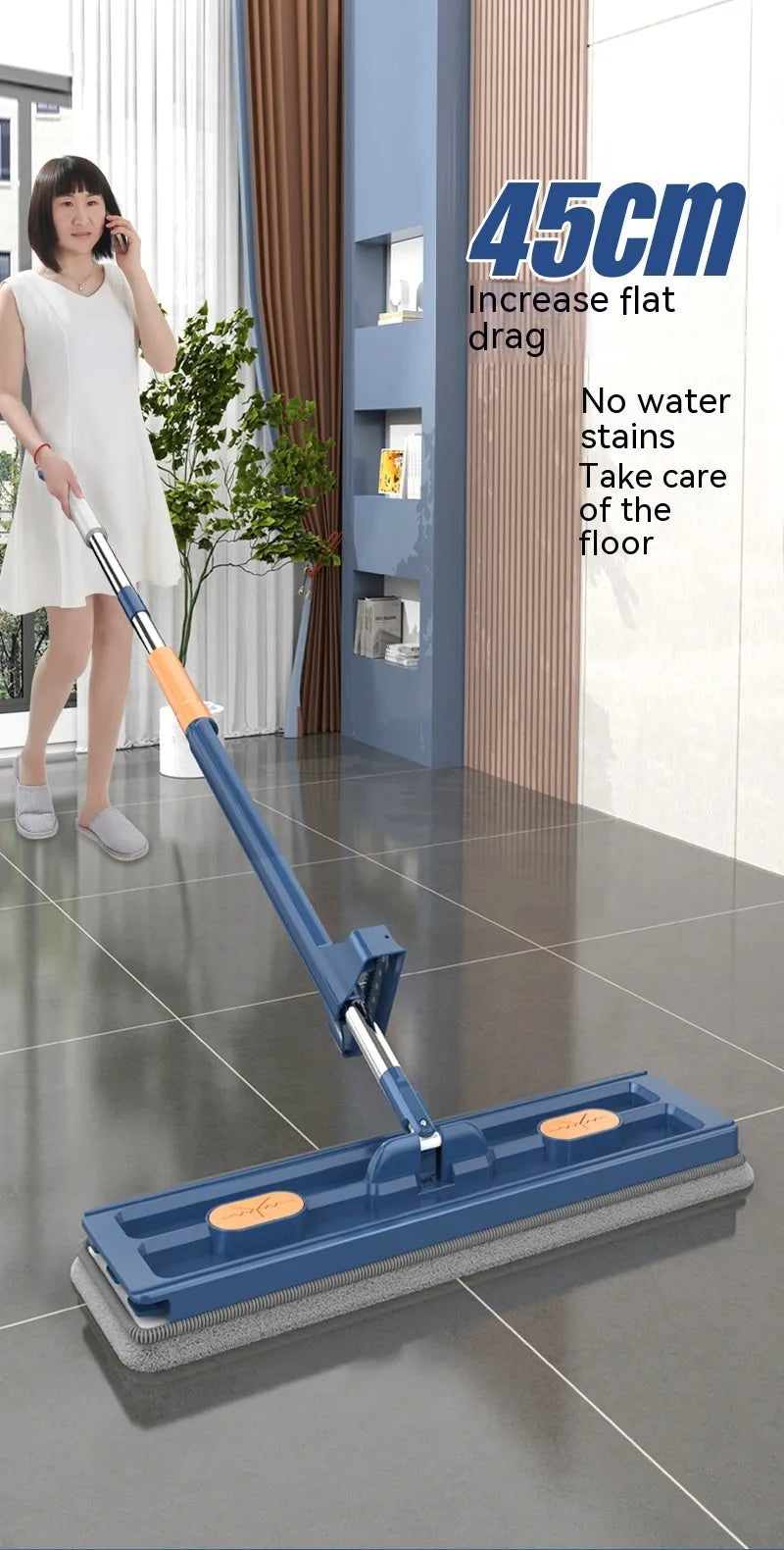 Large flat mop with stainless steel handle and blue cleaning cloths showing 360-degree rotating head