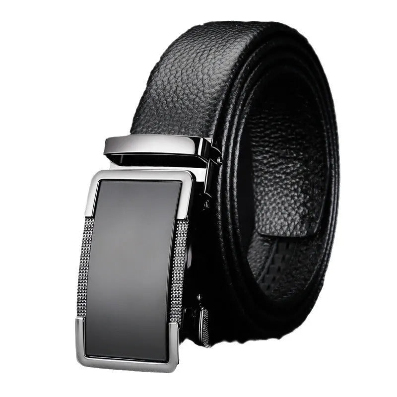 Men's gun black leather belt with a silver automatic click buckle, shown at a length of 120cm