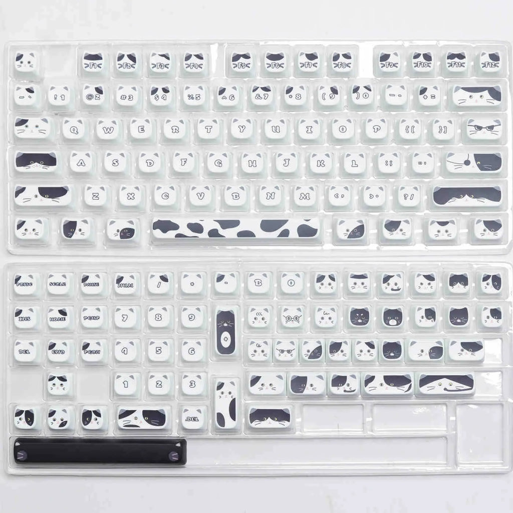 Full set of black and white kitten sublimation keycaps on a mechanical keyboard, PBT material, MAO profile