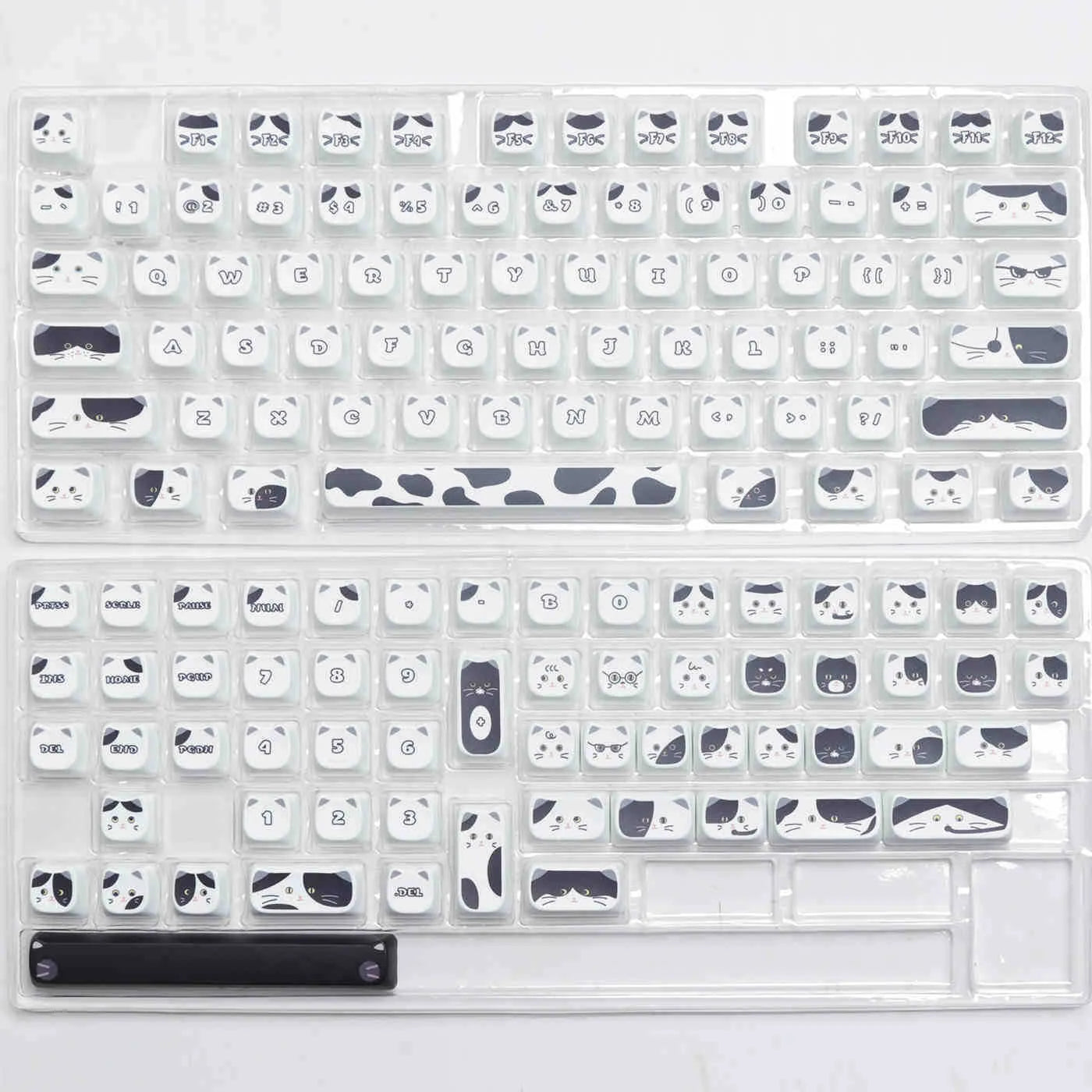 Full set of black and white kitten sublimation keycaps on a mechanical keyboard, PBT material, MAO profile