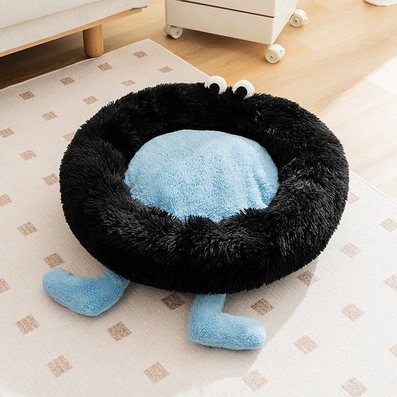 Elf Briquettes blue plush pet sleeping mat with raised edges, shown in a large size.