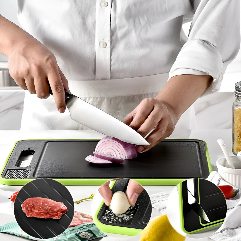Grey square double-sided aluminium cutting board with hanging loop, defrosting surface, and built-in whetstone