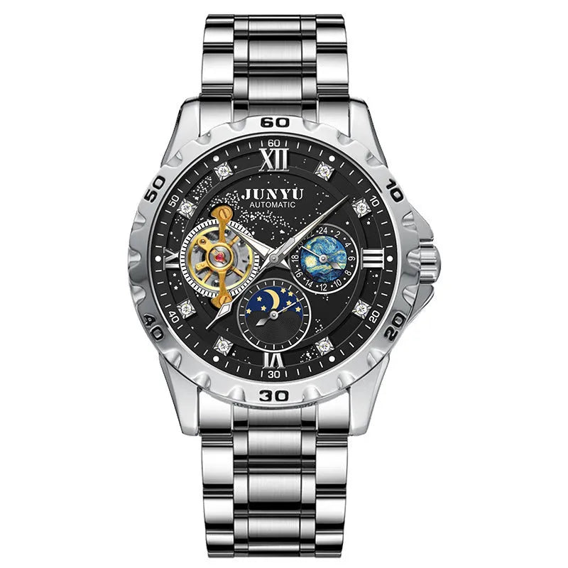 Men's automatic mechanical watch with luminous hands in rose gold, silver, or gold case options