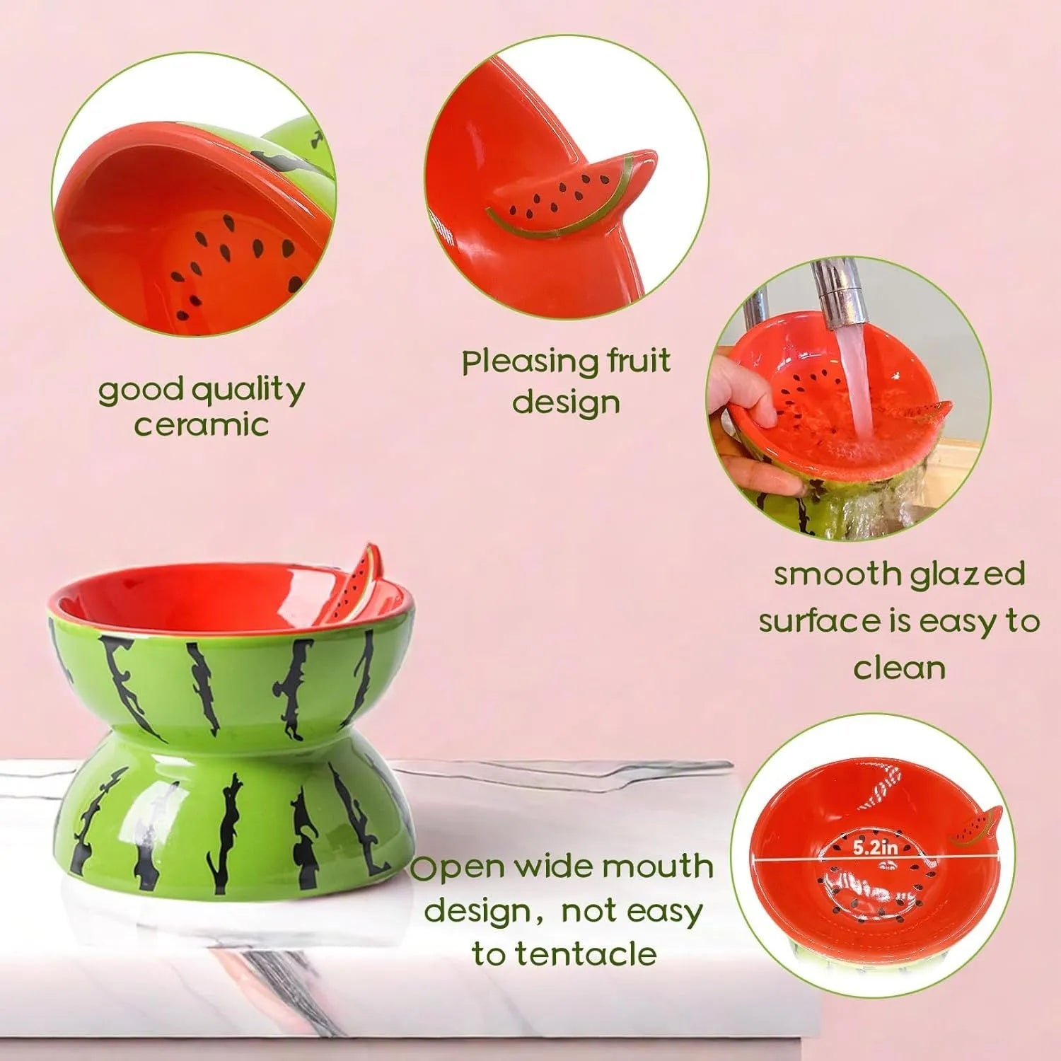 Ceramic raised cat bowl with tilted design in orange, pitaya, or watermelon patterns