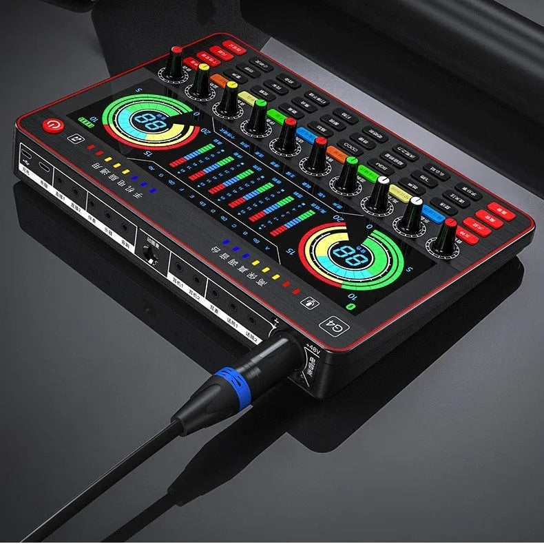 G4 professional live sound card with colour LCD screen, tuning knobs, and included microphone and cables