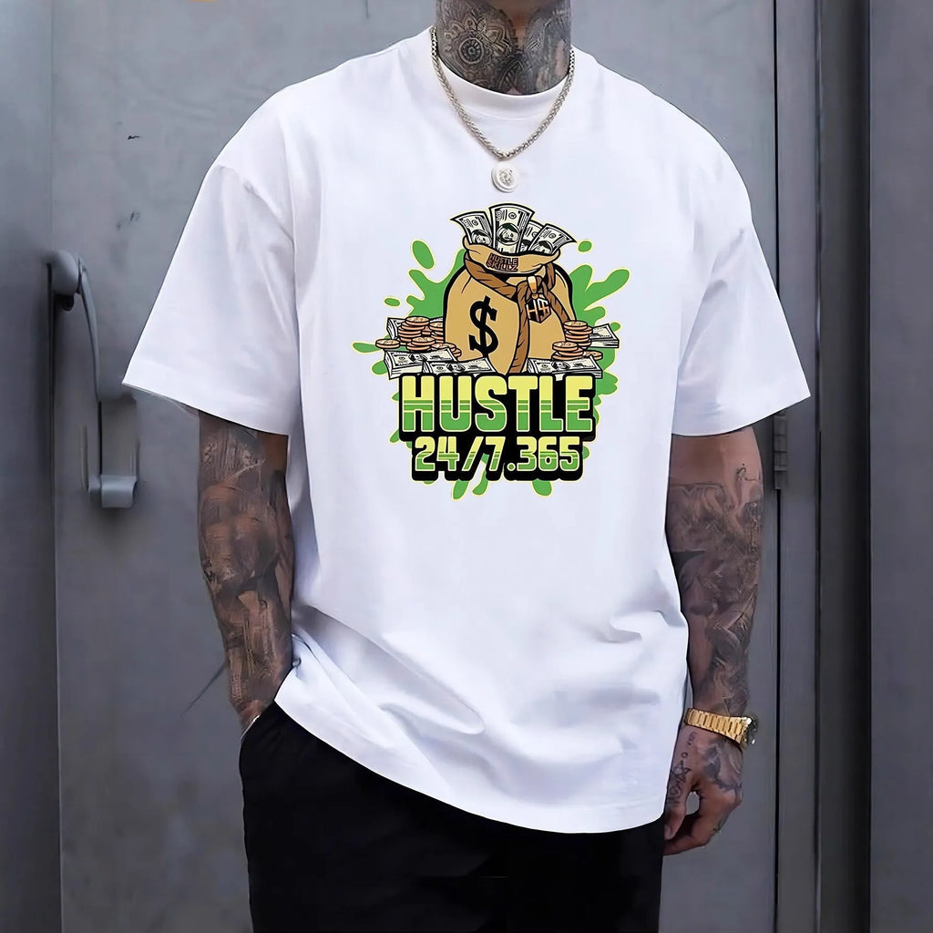 Printed men's summer casual short sleeve breathable T-shirt in black loose fit polyester pullover