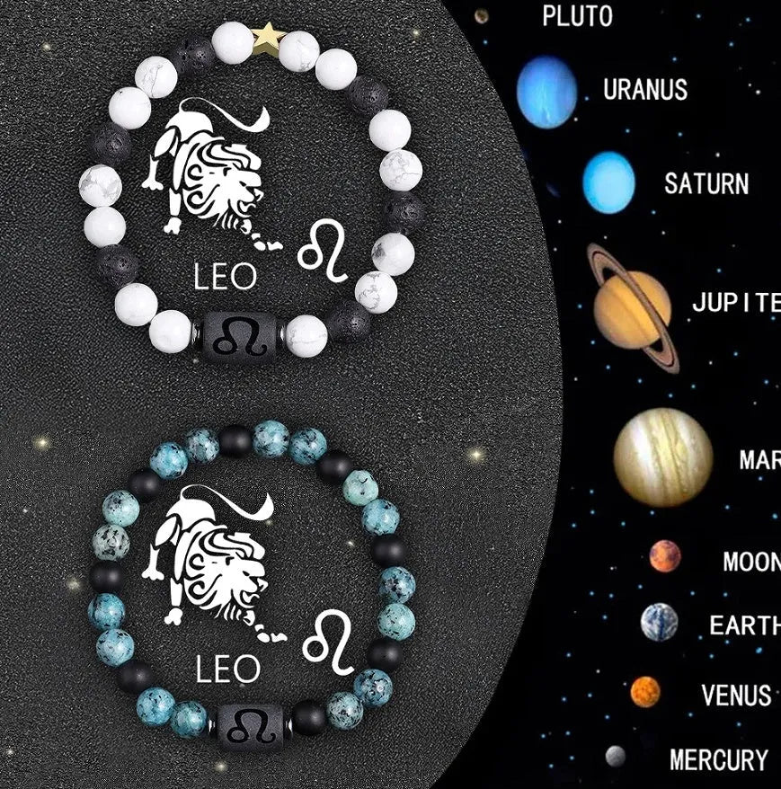 Natural stone beaded zodiac bracelets showing twelve different birth sign designs on elastic cords