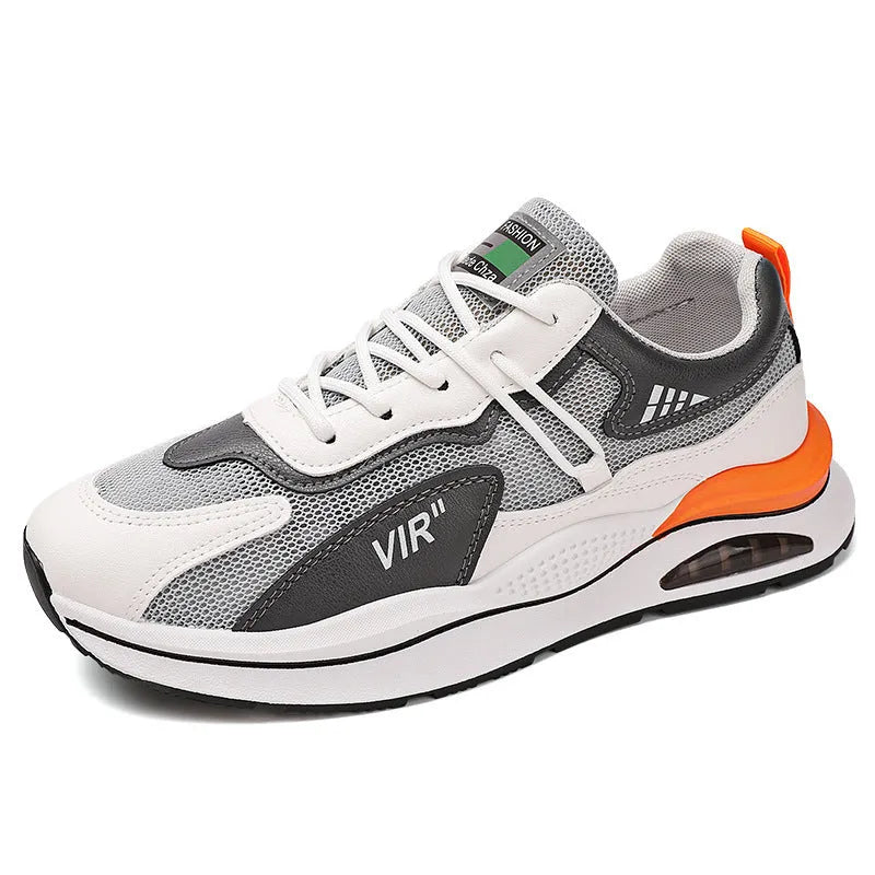 Men's grey breathable mesh casual running shoes with a lightweight EVA sole on a white background.