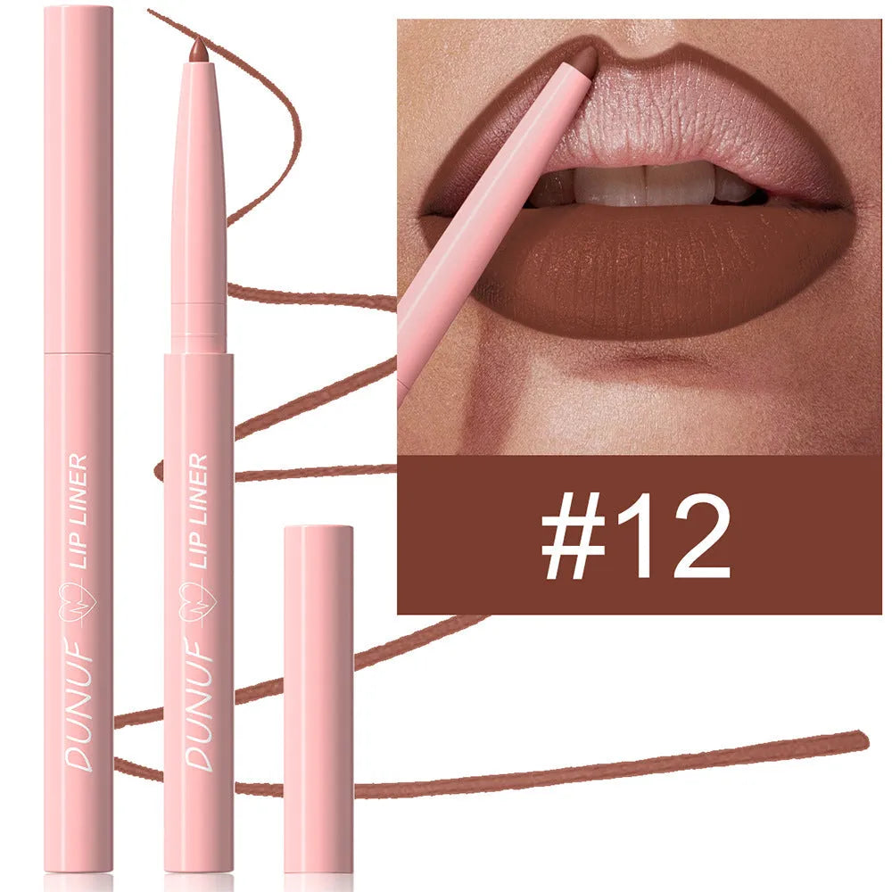 Velvet matte lip liner pencil in a choice of 12 colours for easy application.