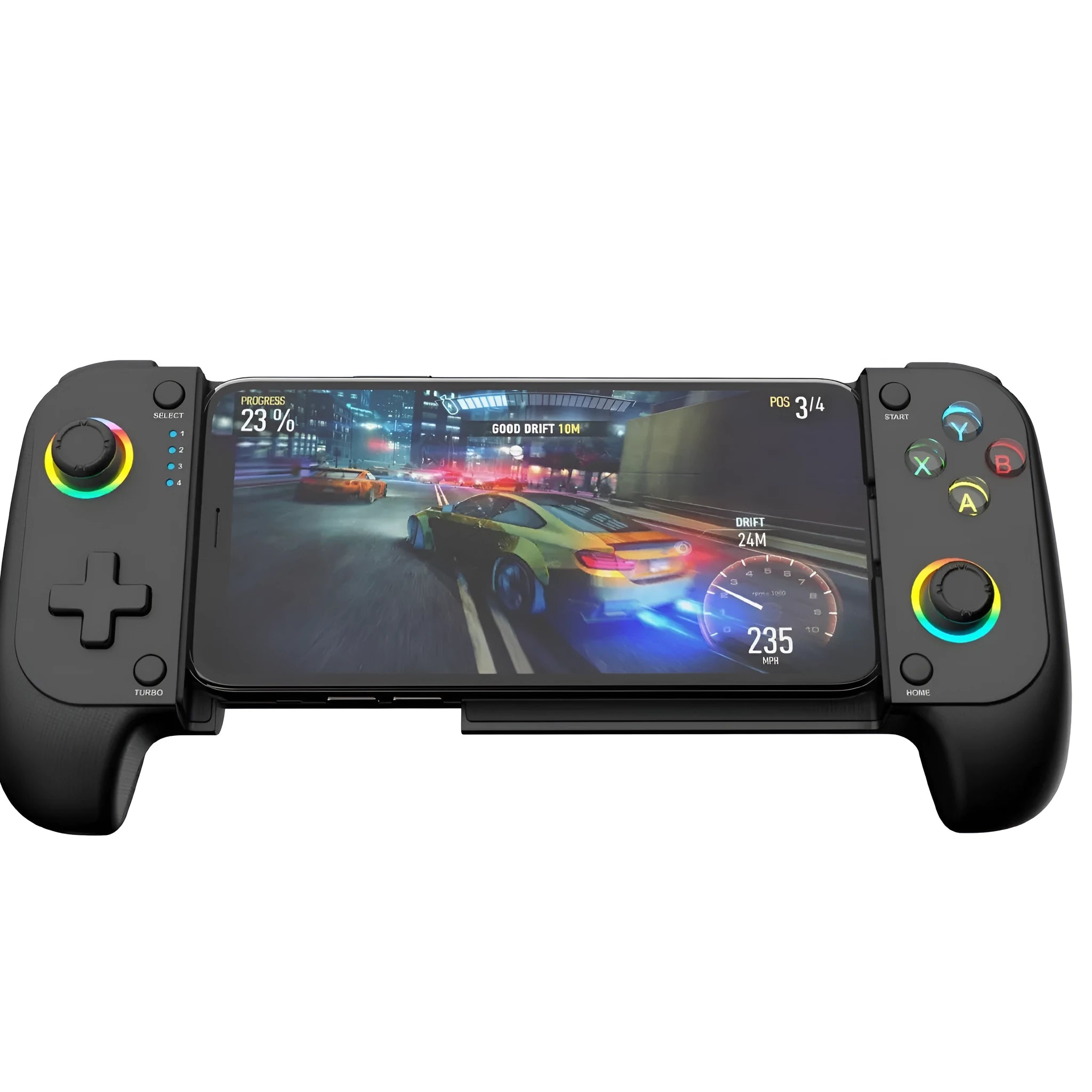Black Bluetooth stretch game controller attached to a smartphone showing trigger buttons.