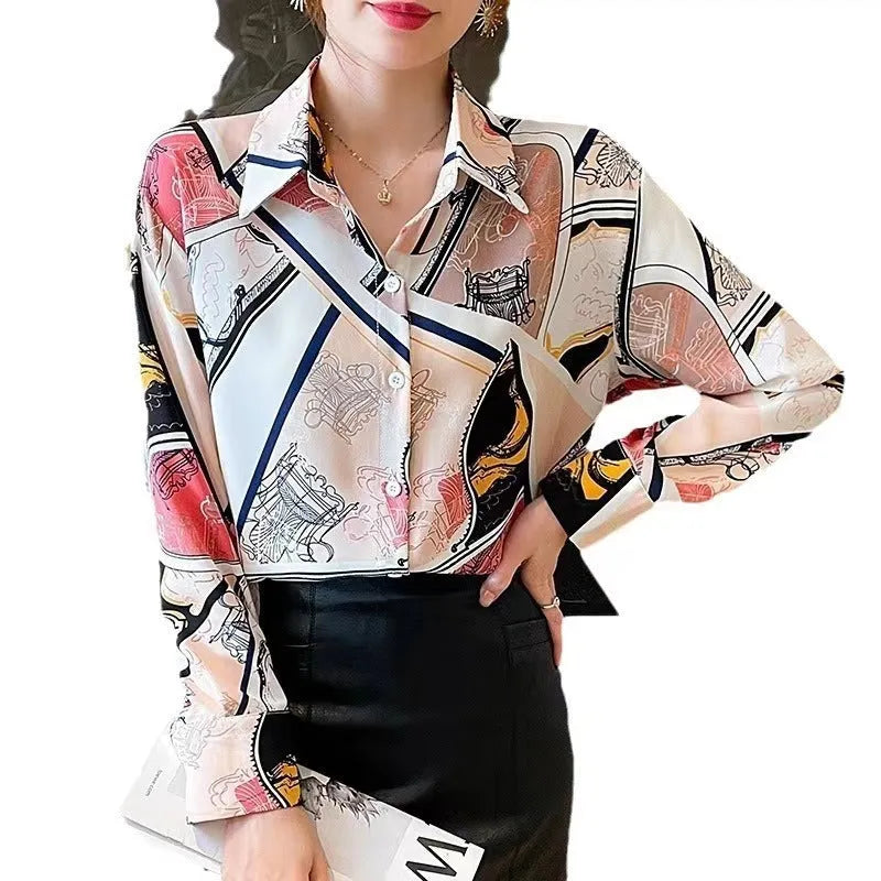 Women's loose fit printed long-sleeved chiffon shirt in blue, polyester fabric, front view