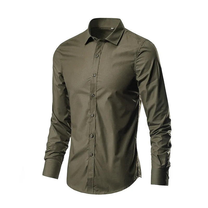 Men's loose-fit long-sleeve linen shirt shown in a neutral colour, featuring a button front and long sleeves.
