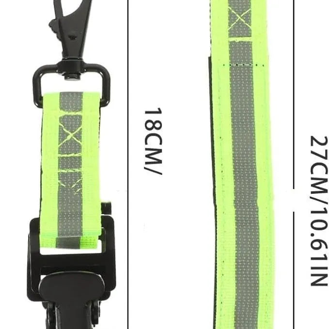 Fluorescent green metal gloves safety clip with reflective elements and buckle, shown as a single unit.