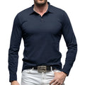 Men's dark grey long sleeve cotton t-shirt with a polo collar, American retro style, laid flat.