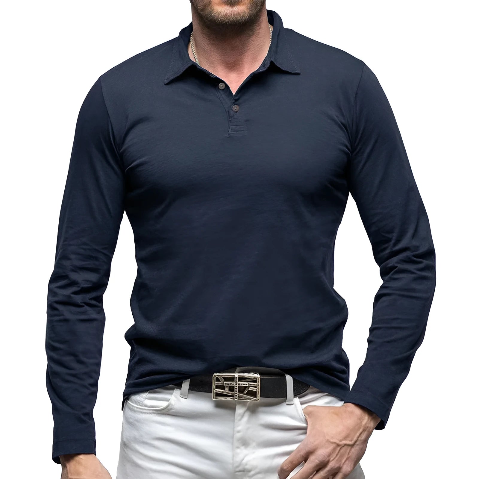 Men's dark grey long sleeve cotton t-shirt with a polo collar, American retro style, laid flat.