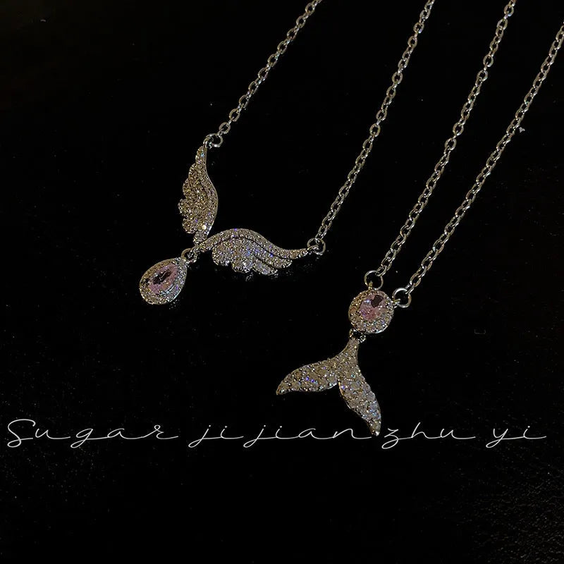 Women's sterling silver necklace with fishtail pendant on O-ring chain, adjustable length 41-50cm
