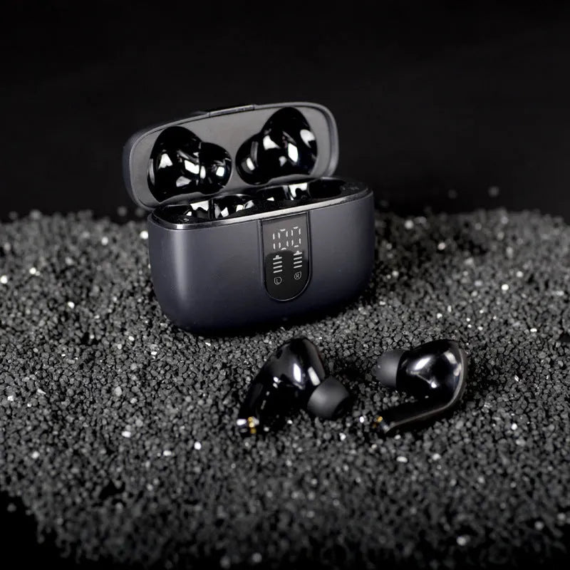 Jerry X08 wireless Bluetooth headset with digital display and charging case in Black, Grey, or White colour options