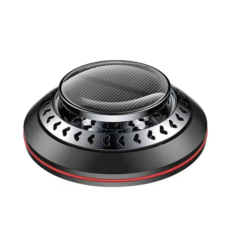 Solar-powered aluminium alloy car air freshener in black, red, or silver for odour removal.