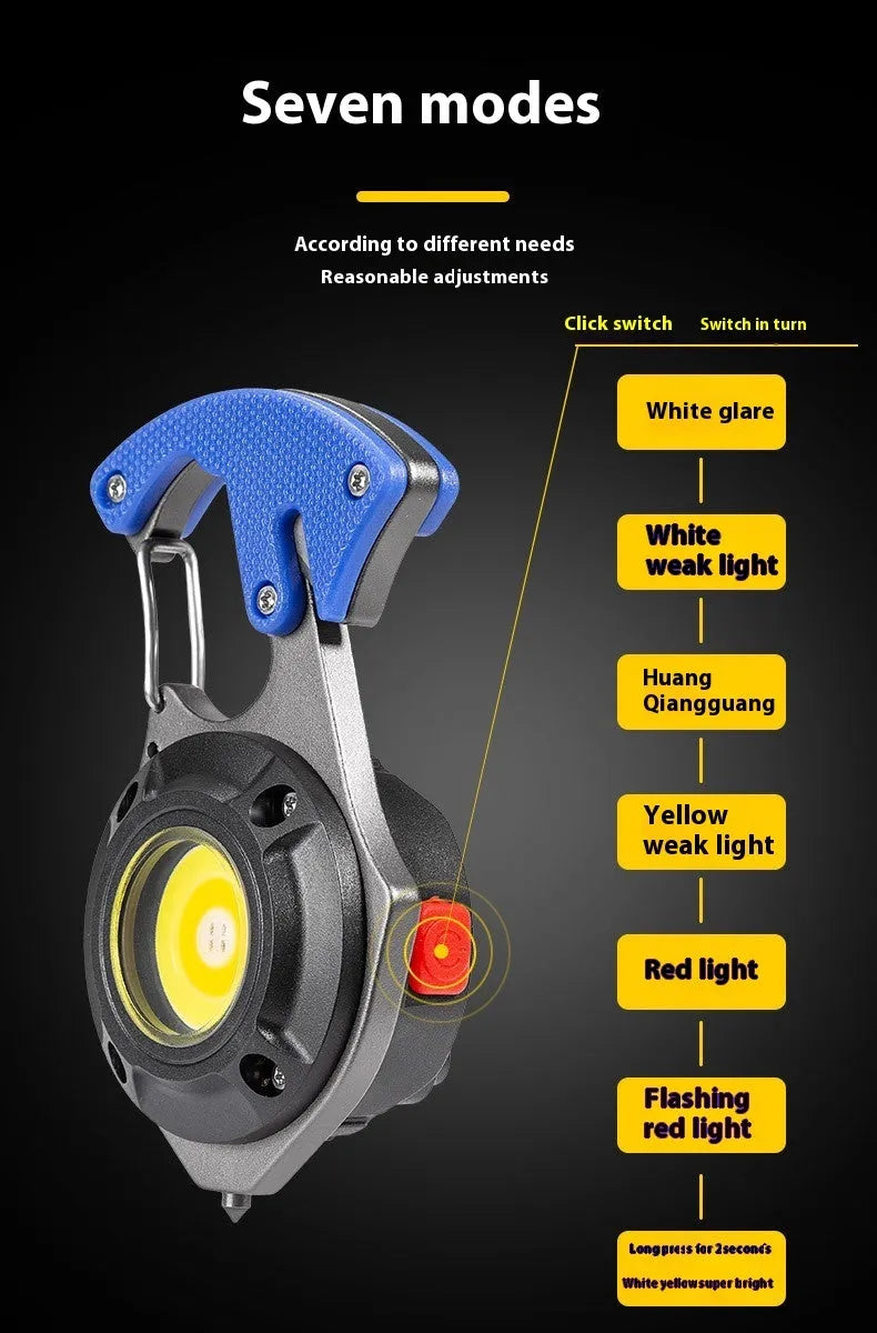 Portable multifunctional keychain flashlight with aluminium body, display screen, and window breaking hammer tip.