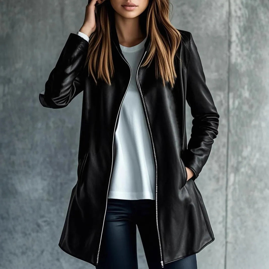 A black medium-length women's leather jacket with long sleeves, laid flat.