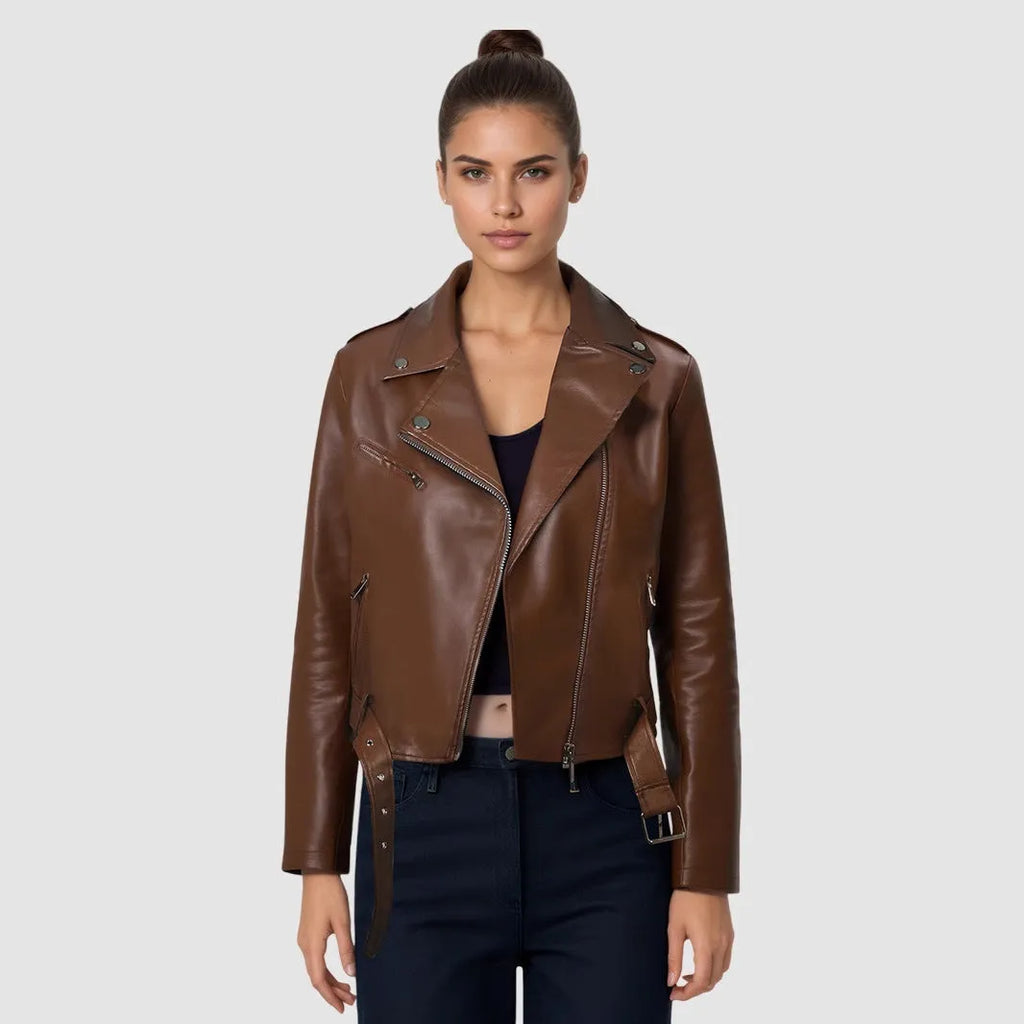 Red women's PU leather motorcycle jacket with a silver lapel short belt fastened at the waist.