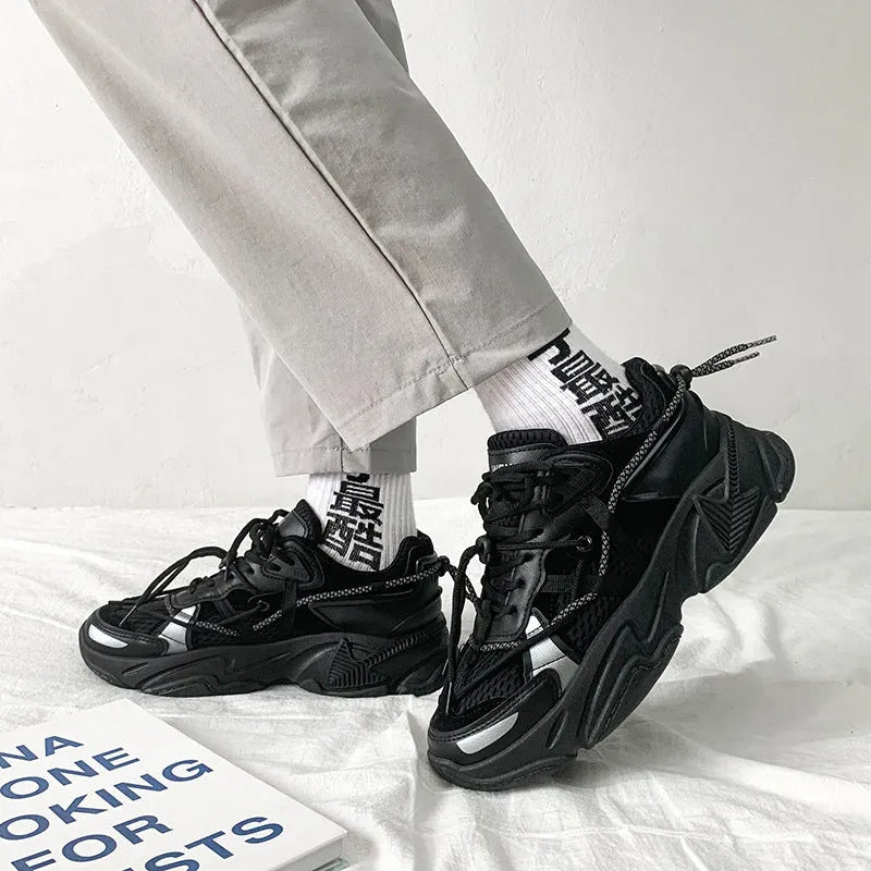 Men's white platform dad shoes with lace-up front, shown on a light background