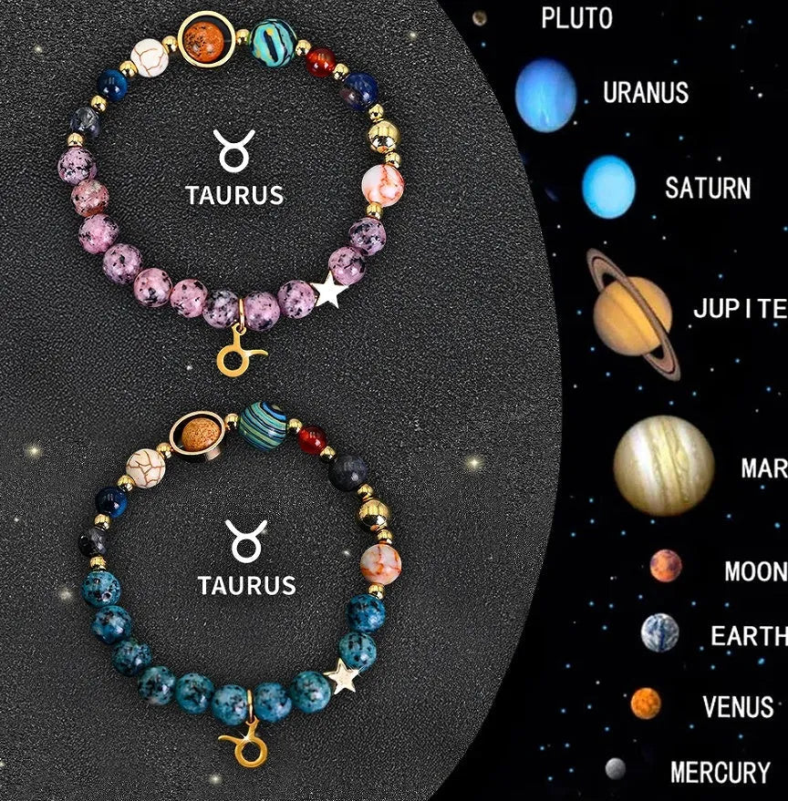 Two natural stone beaded bracelets for zodiac signs laid flat, showing varied bead colours and styles.