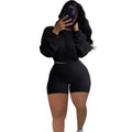 Sunken stripe solid colour off-the-shoulder long sleeve top and shorts two-piece set on a hanger.
