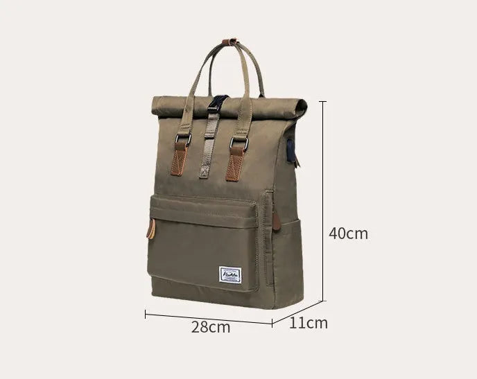 Men's casual polyester backpack in black showing cover-type opening and laptop pocket