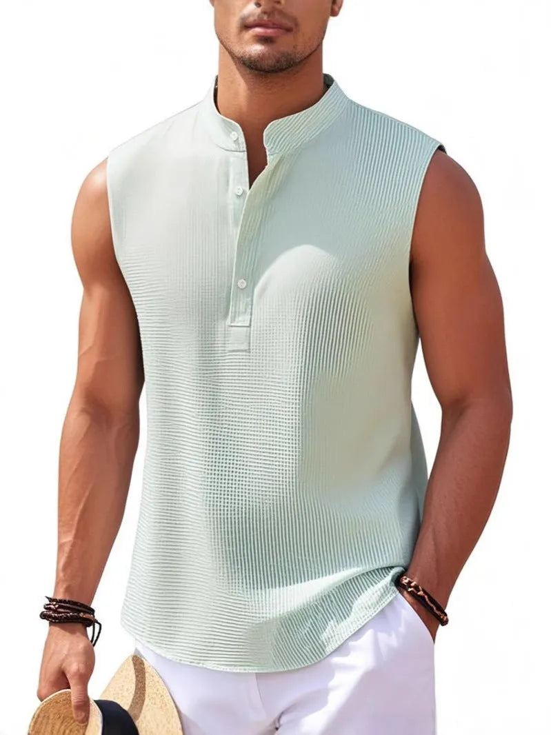 Men's stand collar sleeveless vest in striped jacquard weave, shown in front view, available in 9 colours