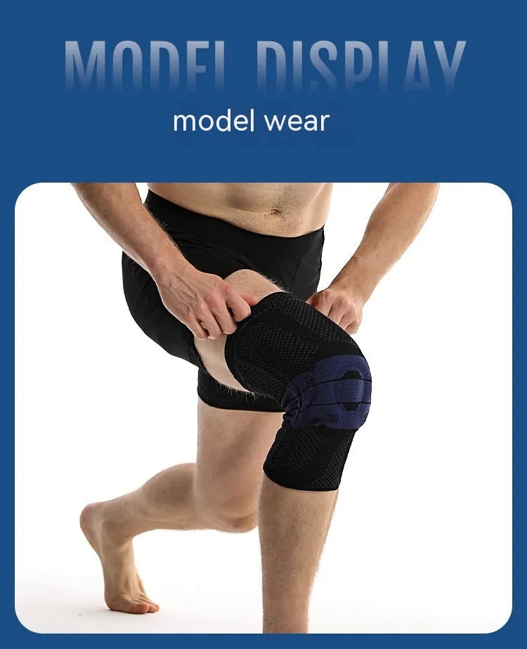 A pair of adult sports kneecaps in nylon and spandex, shown in black and blue colour, for knee protection.