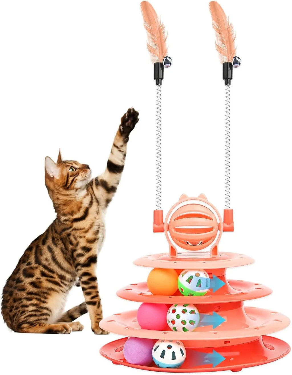Interactive four-tier carousel cat toy with colourful balls and teasing rods on a non-slip base.