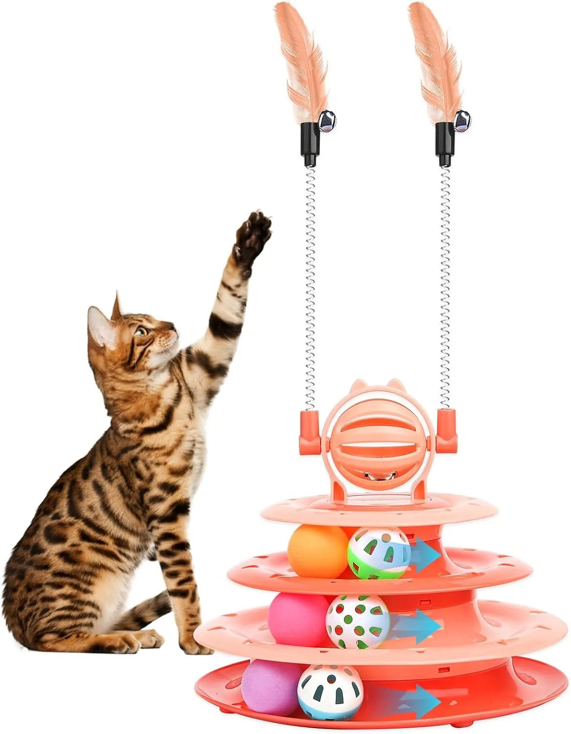 Interactive four-tier carousel cat toy with colourful balls and teasing rods on a non-slip base.