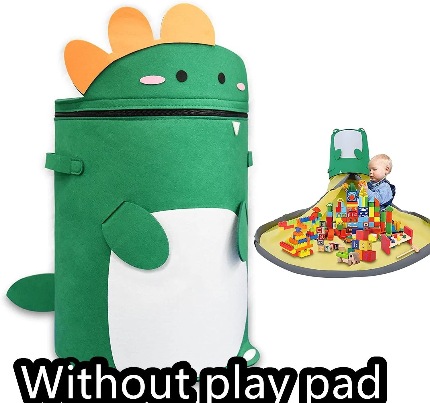 Green felt storage bag converted into a toy play mat with pull rope closure