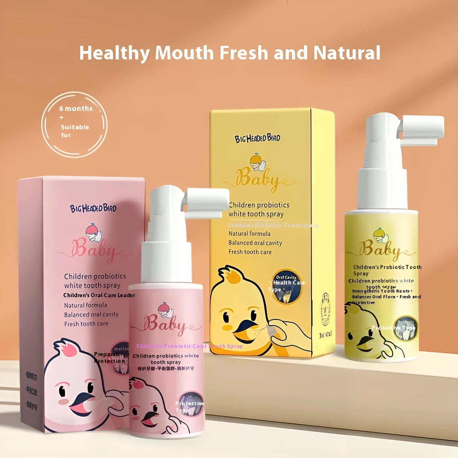 Children's probiotics anticavity teeth cleaning spray in strawberry and orange flavours