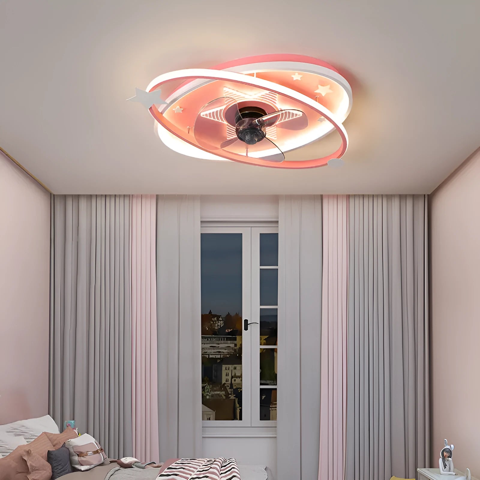 Modern simple blue children's bedroom ceiling fan with light and remote control.