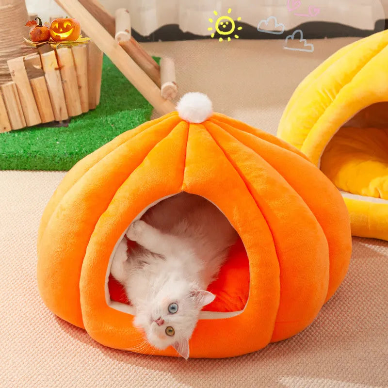 Cat litter winter warm closed pumpkin kennel with high elastic PP cotton in orange colour size L