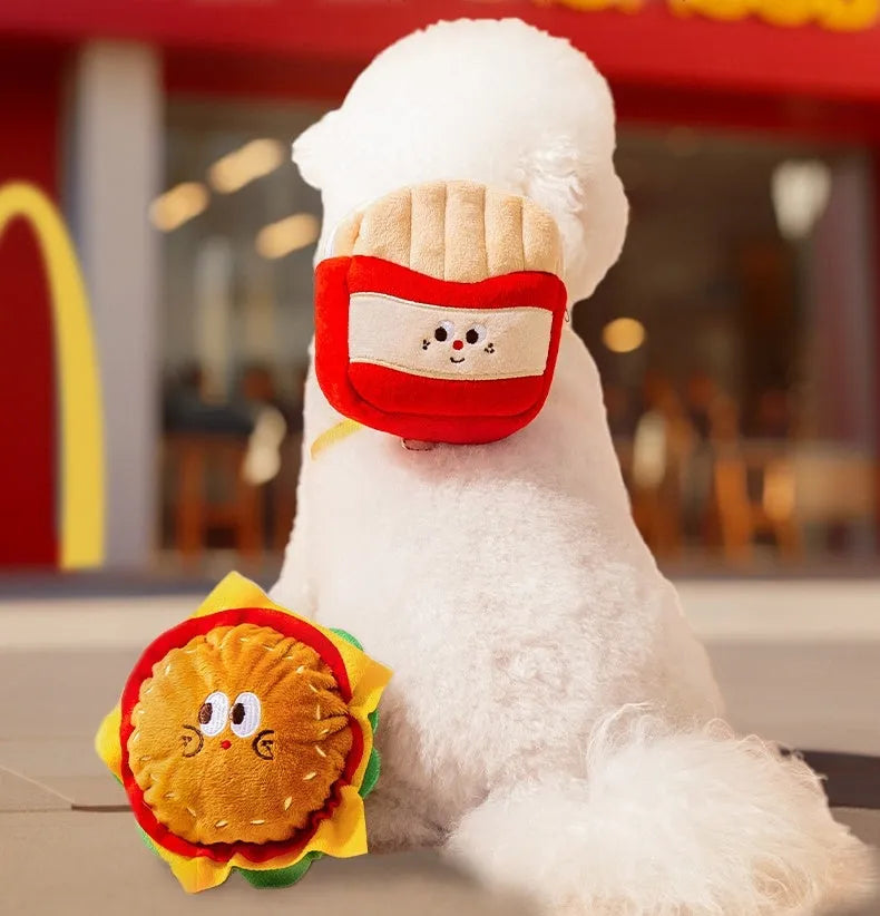Cartoon hamburger and chips design adjustable escape-proof vest harness and leash set for dogs and cats.