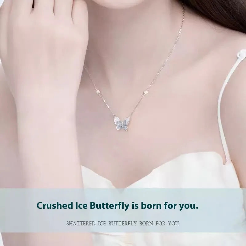 S925 sterling silver butterfly necklace with adjustable 41-50cm chain and ice rain pendant