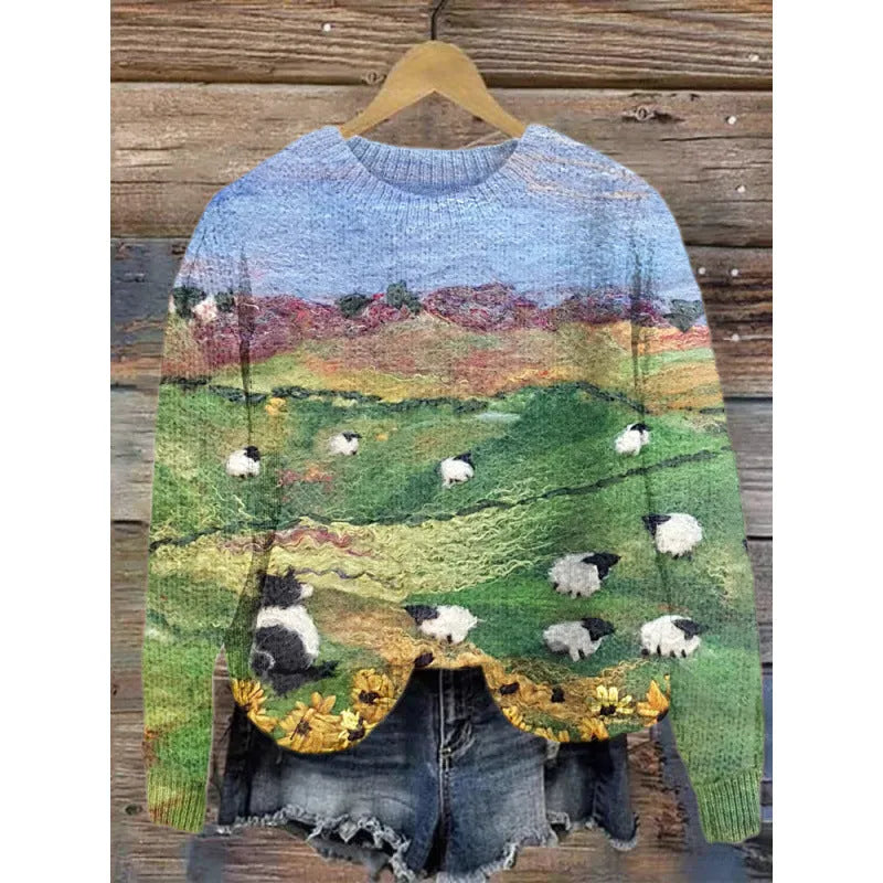 Little Flower digital printed round neck sweater in a floral pattern on a polyester fabric.
