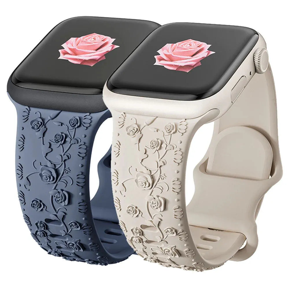 Embossed rose silicone watch strap for Apple Watch 38/40/41mm and 42/44/45mm in multiple colours