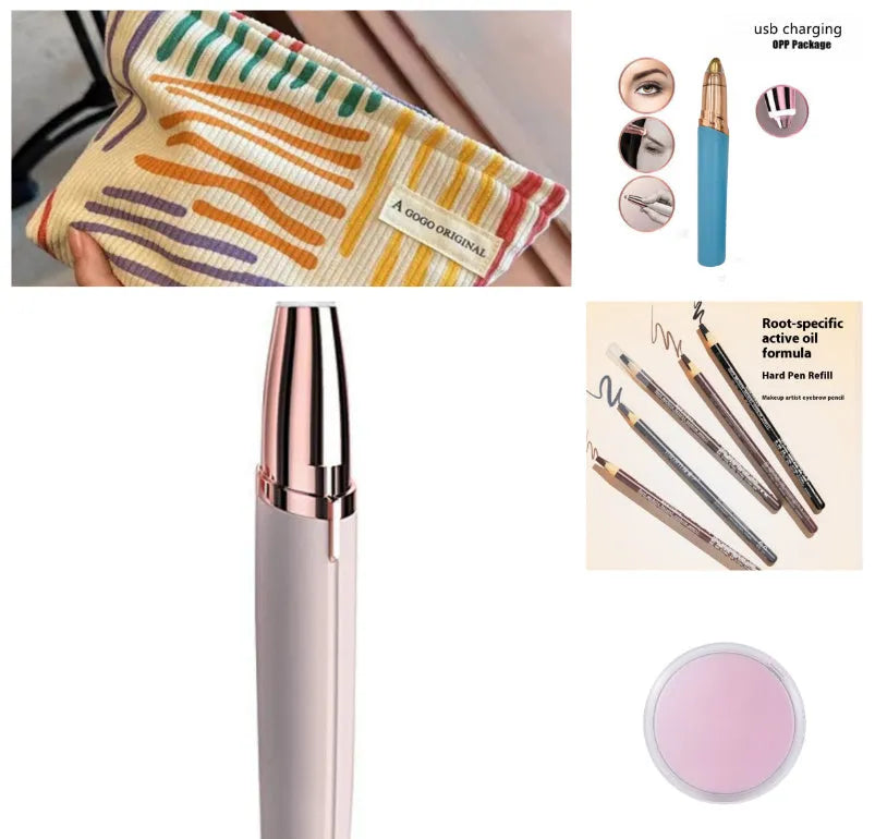 Eyebrow epilator pen with gold plated head and LED light on pink background