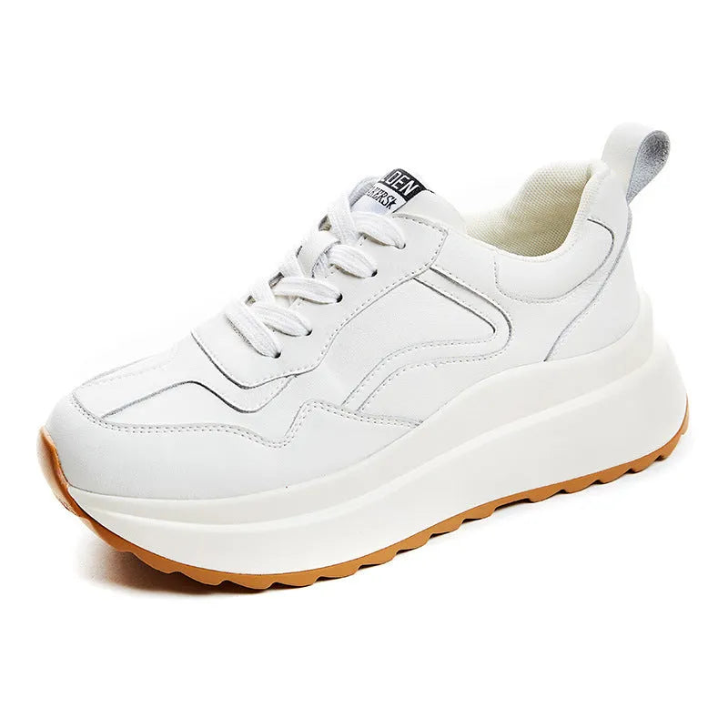 Women's beige-lined white casual sports shoes made from cattlehide leather with an English muffin heel.