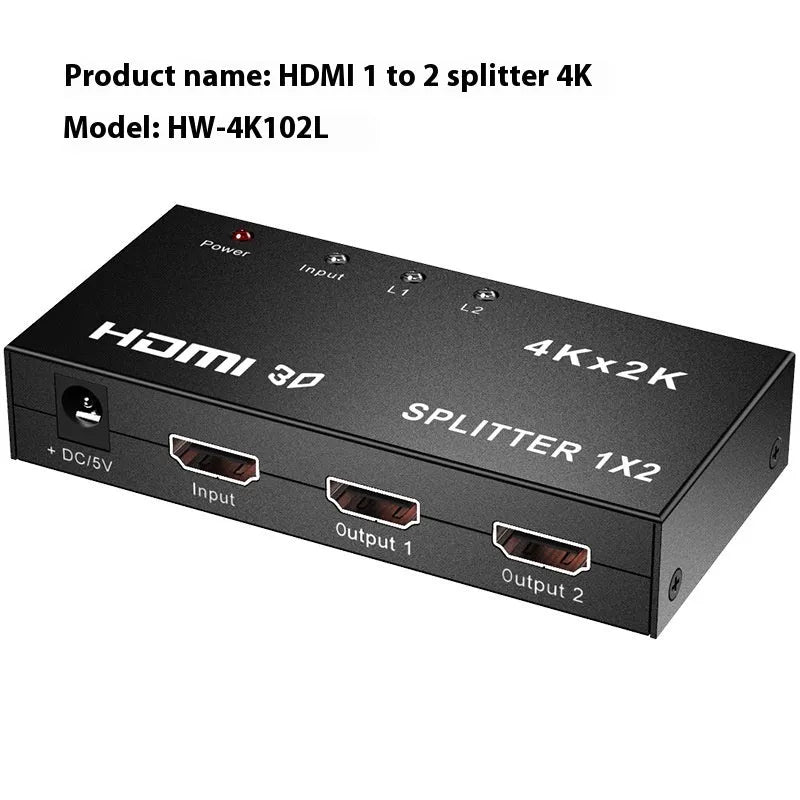 4K HDMI 1x2 splitter device with multiple power plugs including US and EU standards