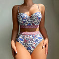 Blue women's high waist push-up bikini swimsuit with adjustable straps
