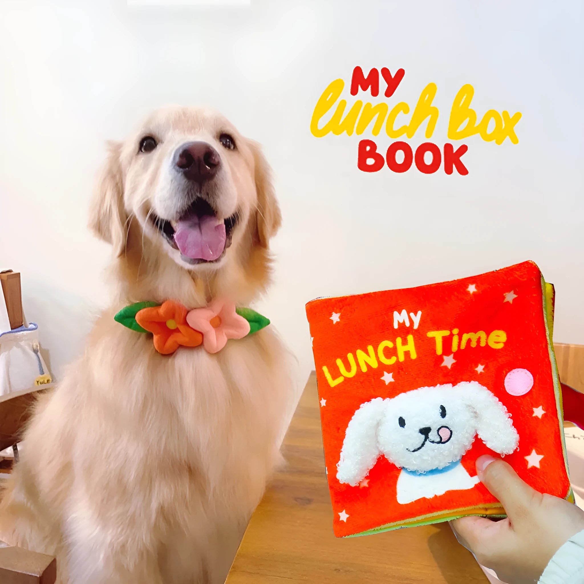 Red book shaped plush pet toy with hidden food compartment and squeaky sound for dogs and cats